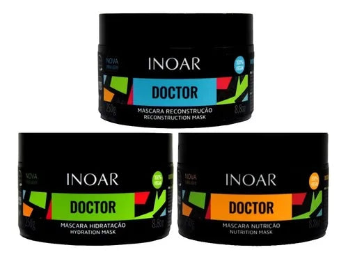 Inoar Doctor Professional Hair Treatment Set: Hydration, Reconstruction, Nutrition Masks
