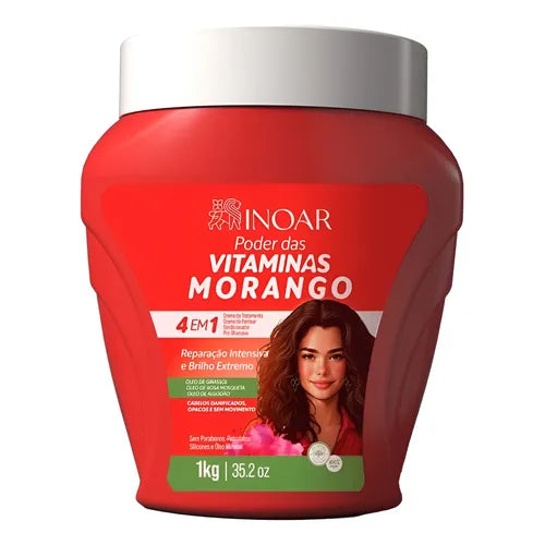 Inoar Strawberry 4-in-1 Vitamin Power Cream: Deep Hydration, Toning, and Restoration Treatment (2.2 lbs)