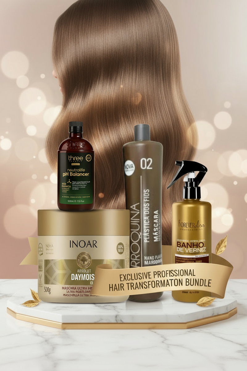 Complete 4-Step Professional Hair Care System Inoar Daymoist, Marroquina Keratin, Banho de Verniz & pH Balancer - Keratinbeauty