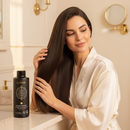 G Hair Moroccan Brazilian Keratin Treatment – lifestyle shot with model showing silky straight hair results